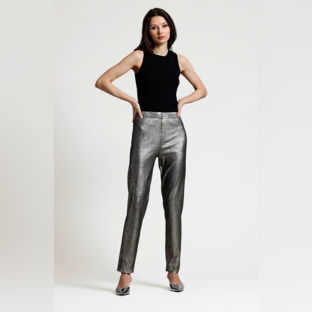 Metallic Silver Straight-Leg Women's Pants